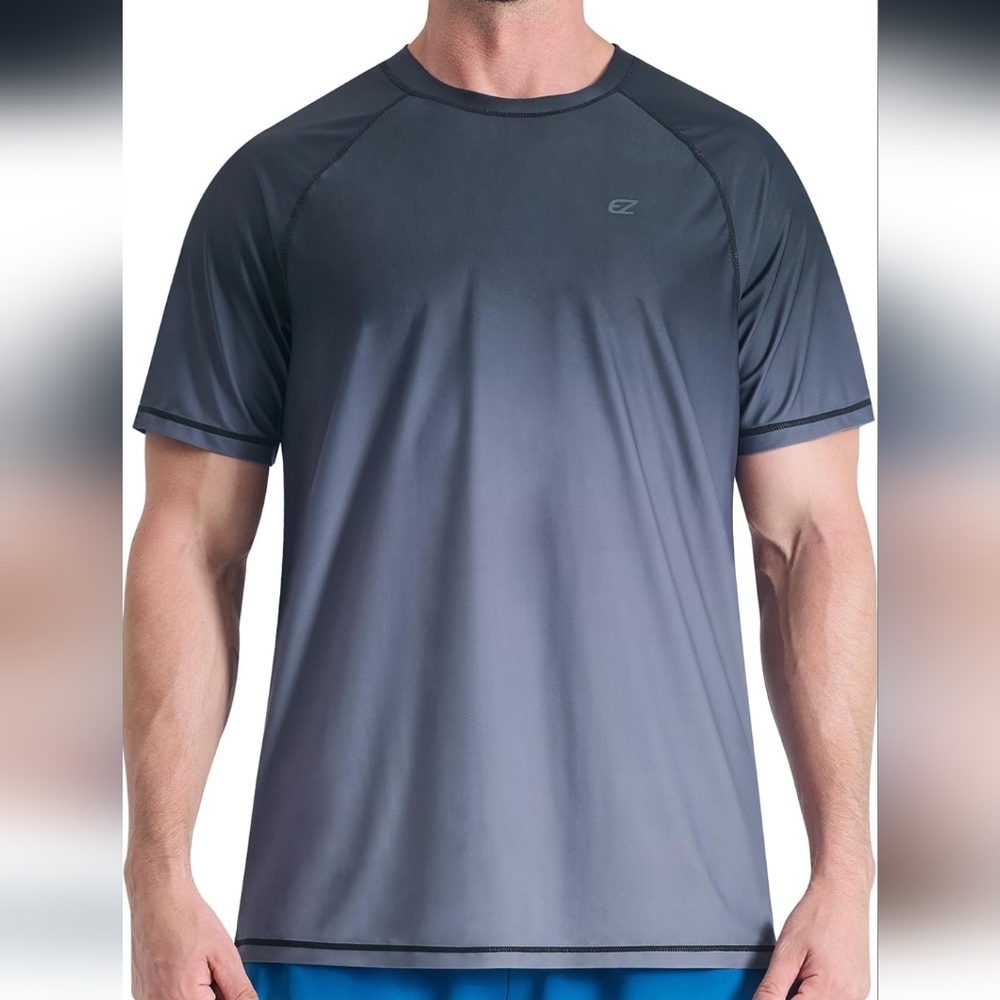 Mens Gray Swim Rash Guard Athletic T-Shirt UPF 50+ Quick Dry